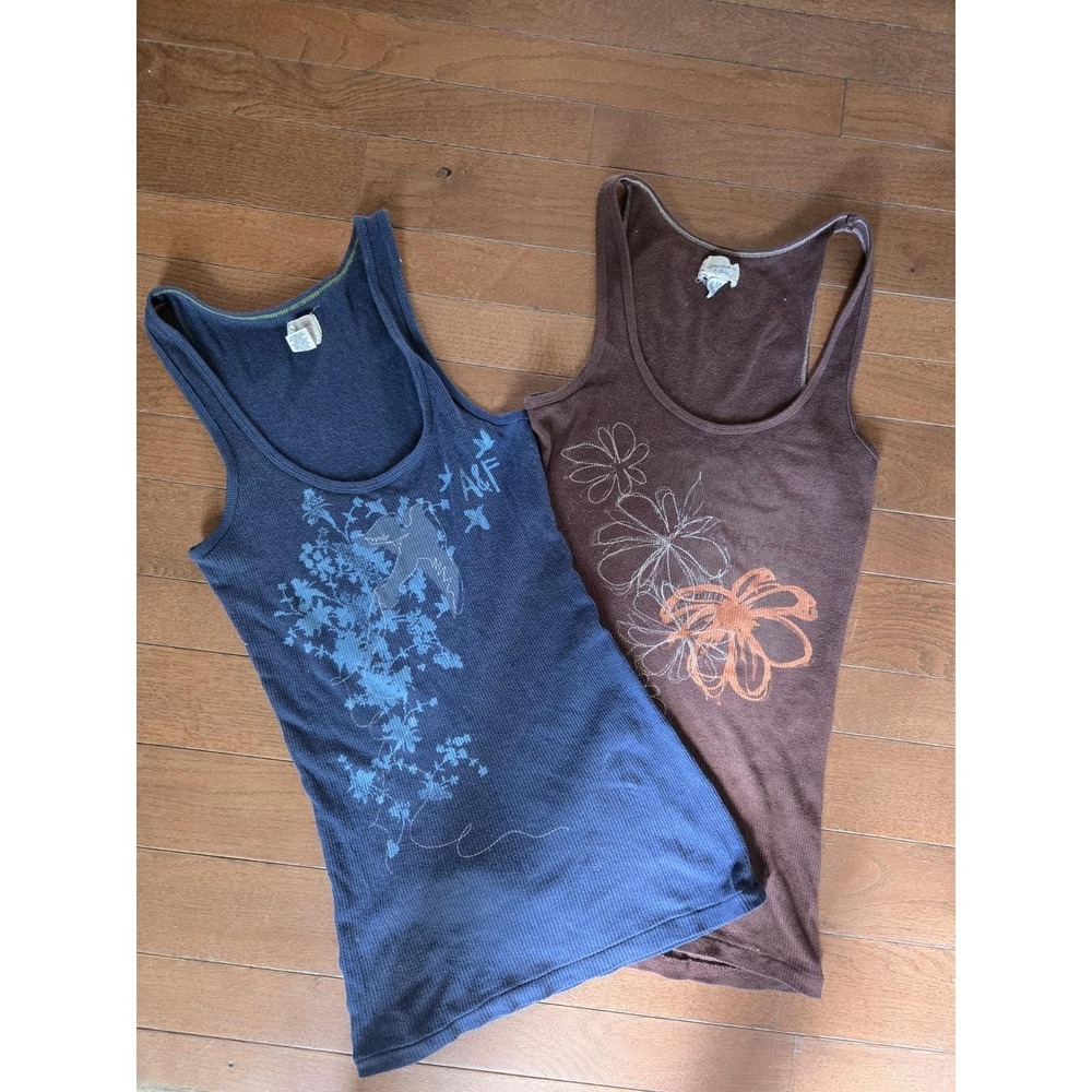 Two Y2K Abercrombie Long Ribbed Tank Tops Size Large Brown And Blue Vintage